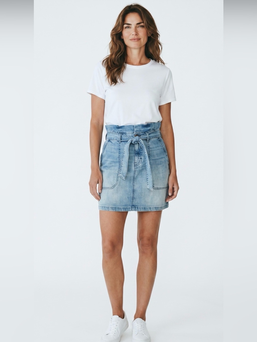 Free People Paperbag Denim Mini Skirt Light Wash Tie Waist Women’s